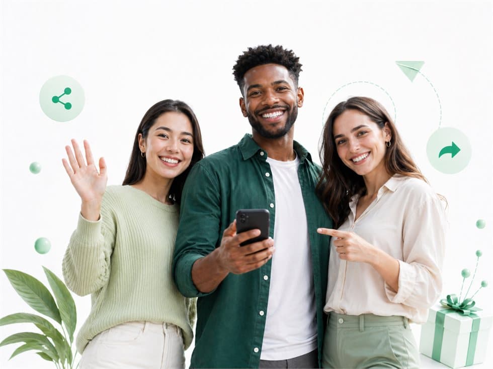 Three people smiling together while sharing a phone.