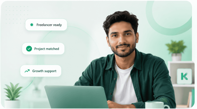 Freelancer workspace visual showing project matching, freelancer readiness, and growth support for small businesses